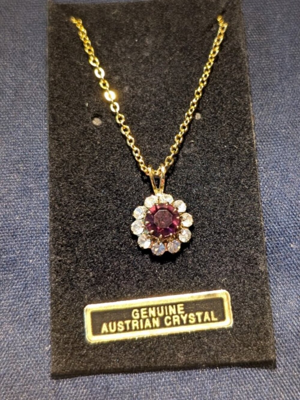 Vintage Gold Tone Austrian Crystal Halo Pendant Necklace | Purple Amethyst Clear